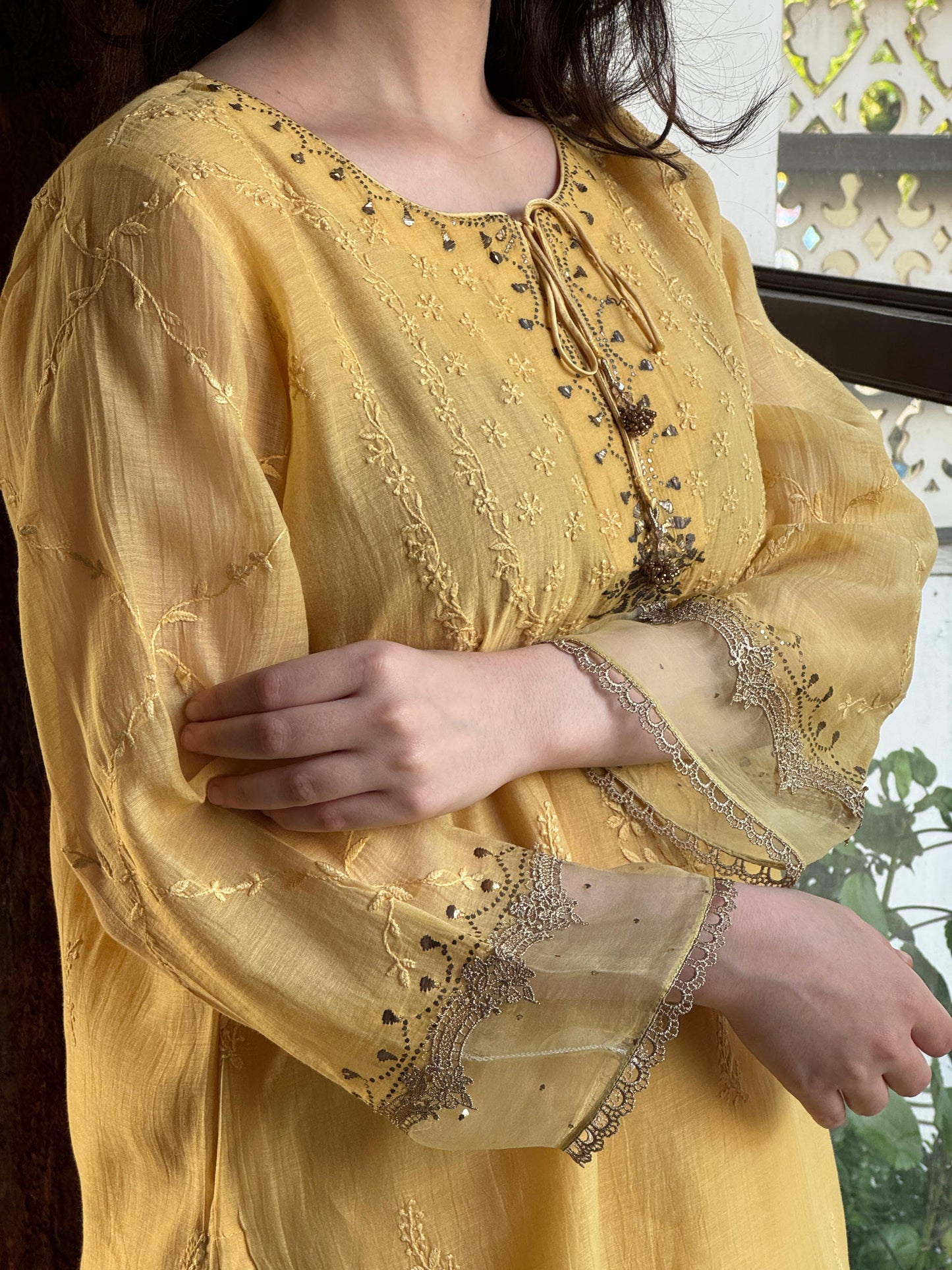 Desert Yellow Shade Satin Linen Farshi Sets With Chikankari & Kamdani