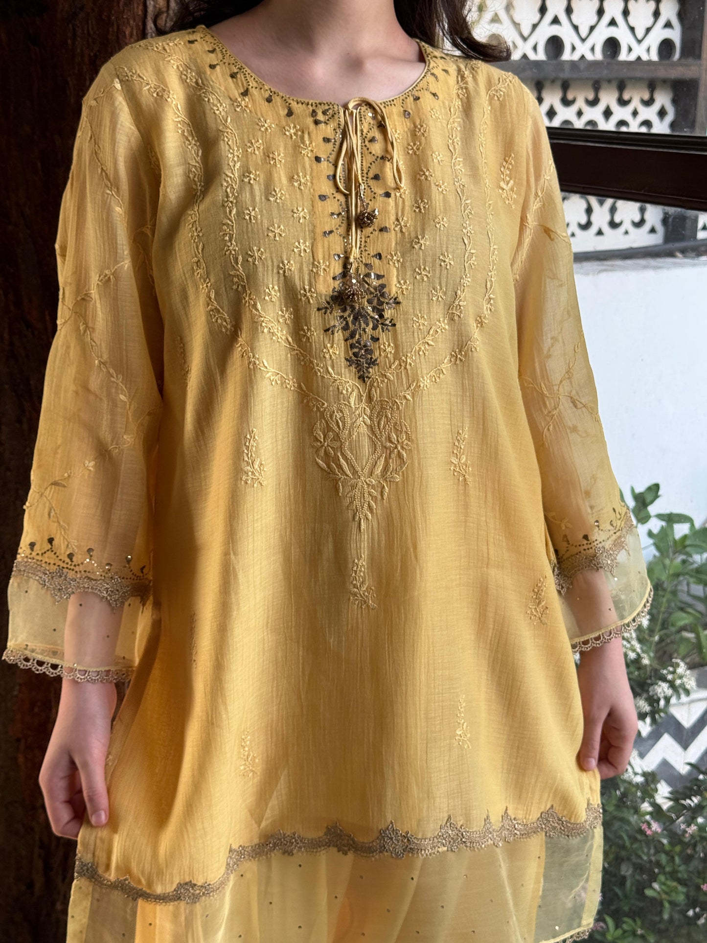 Desert Yellow Shade Satin Linen Farshi Sets With Chikankari & Kamdani