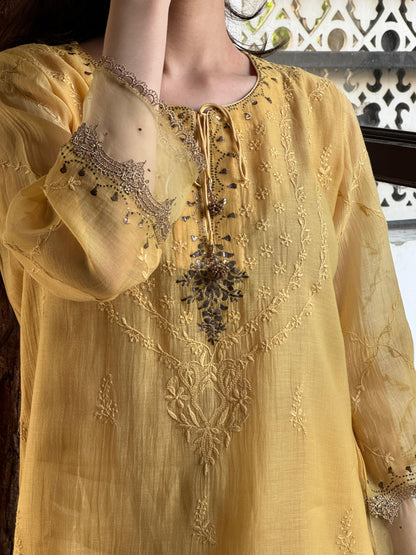 Desert Yellow Shade Satin Linen Farshi Sets With Chikankari & Kamdani