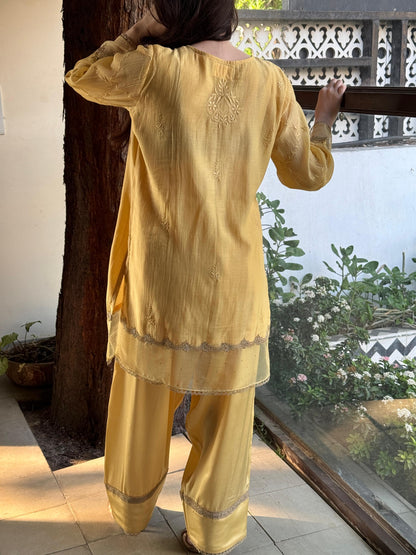 Desert Yellow Shade Satin Linen Farshi Sets With Chikankari & Kamdani