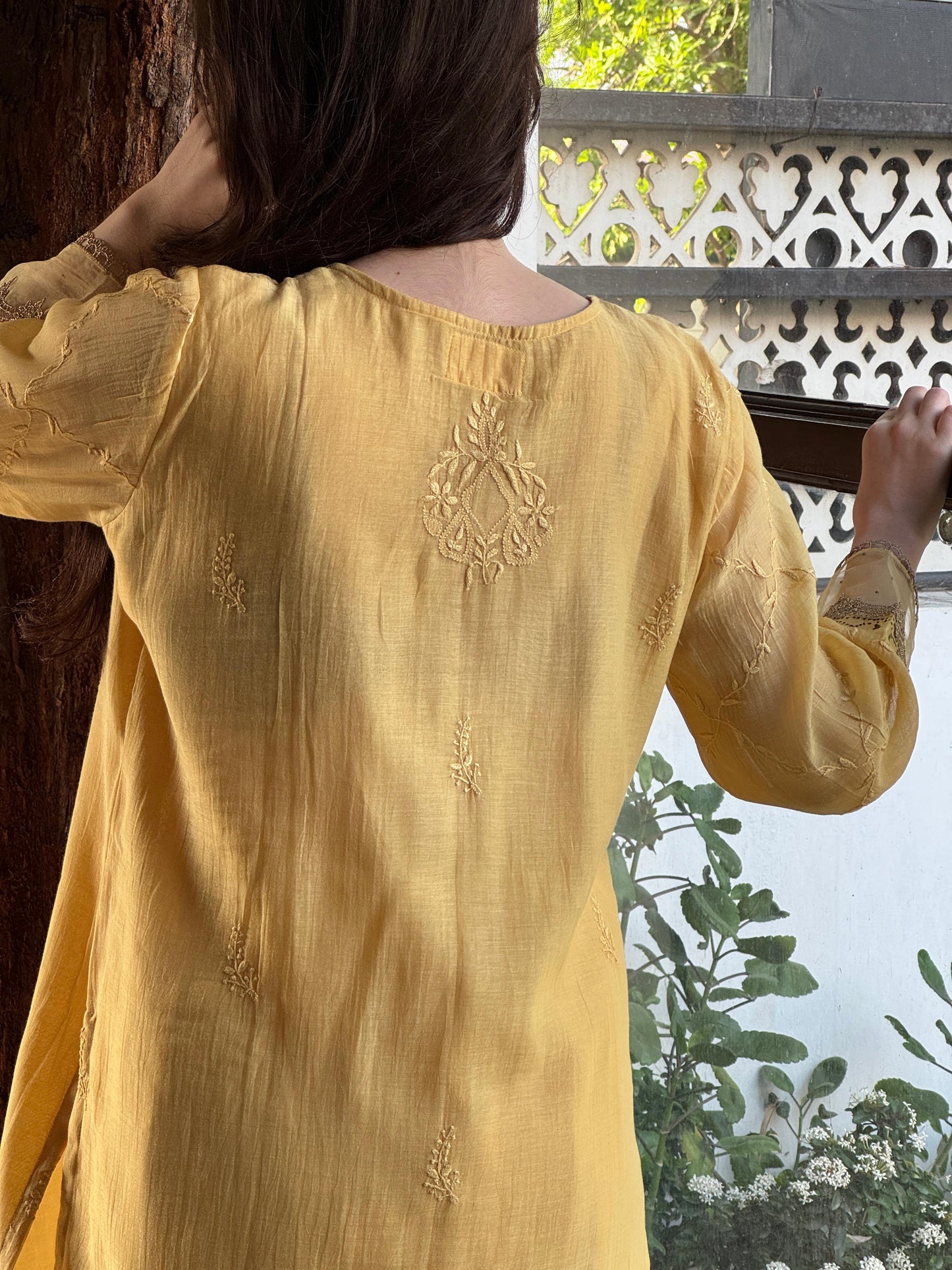 Desert Yellow Shade Satin Linen Farshi Sets With Chikankari & Kamdani