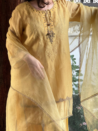 Desert Yellow Shade Satin Linen Farshi Sets With Chikankari & Kamdani