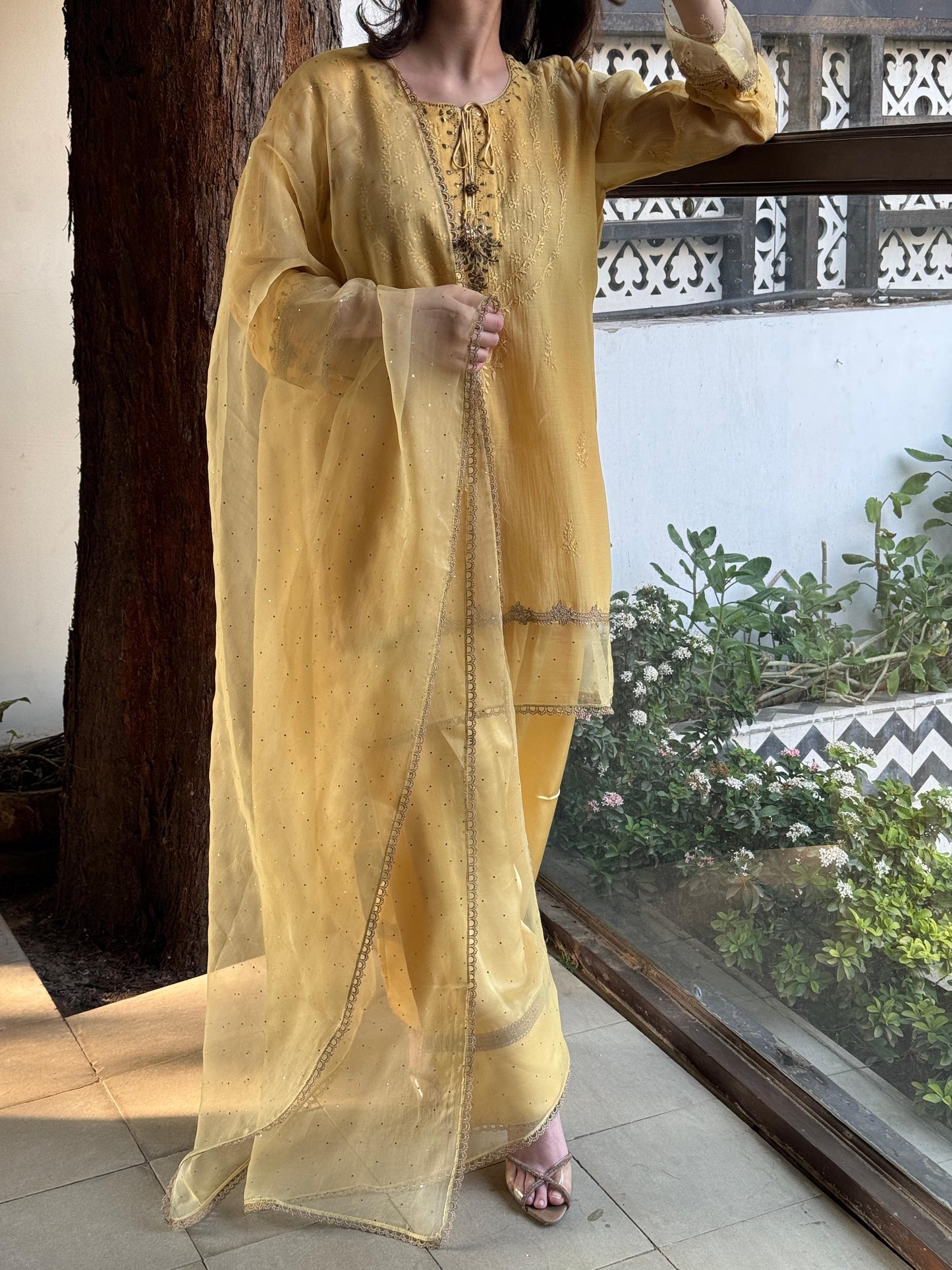 Desert Yellow Shade Satin Linen Farshi Sets With Chikankari & Kamdani