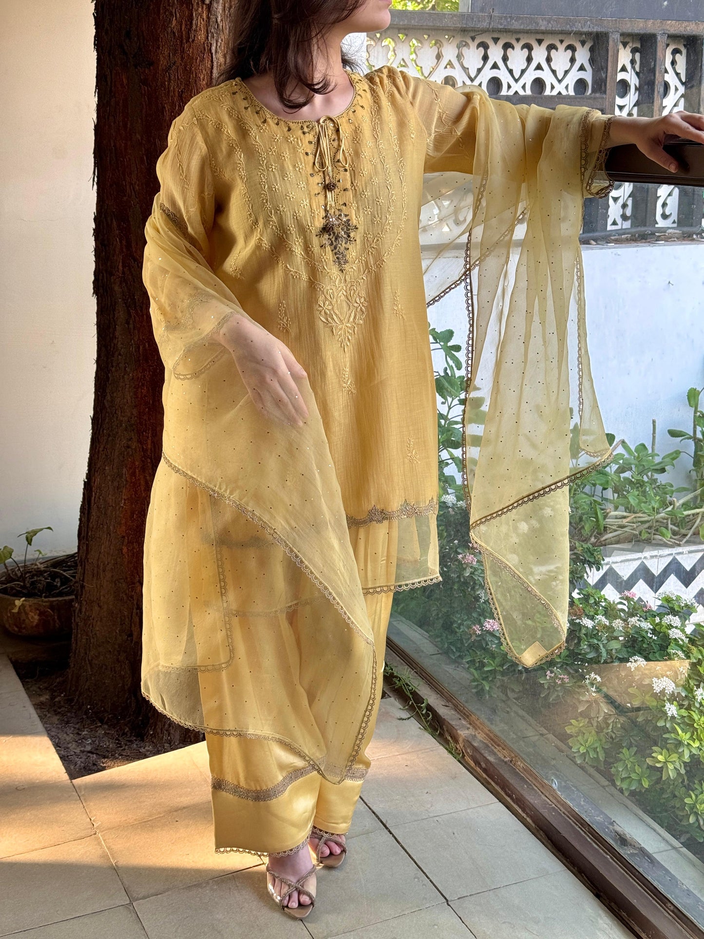 Desert Yellow Shade Satin Linen Farshi Sets With Chikankari & Kamdani