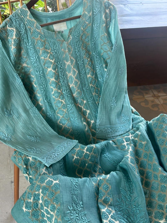 Dirty Blue Shade Zari Chanderi Chikankari Ready to Wear Tunics
