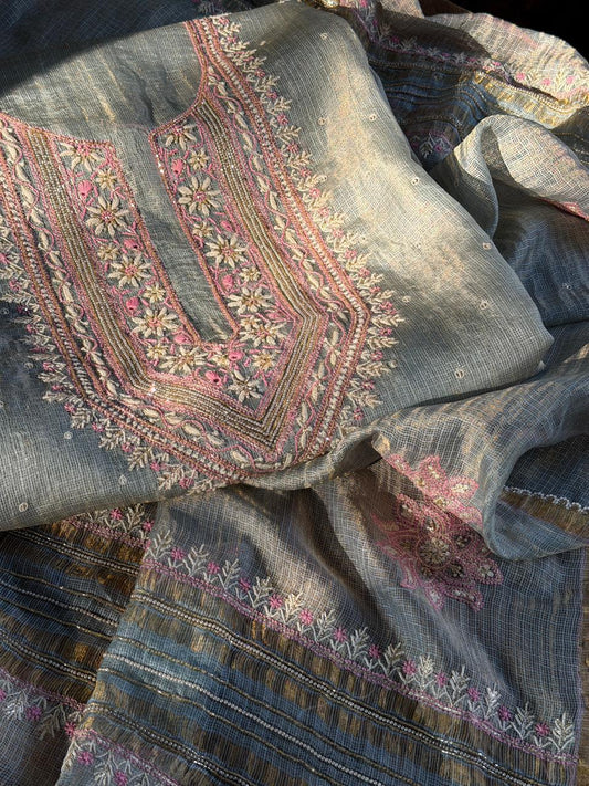 Aqua Green & Soft Pink Shade Tissue Kota Chikankari Unstitched Fabric