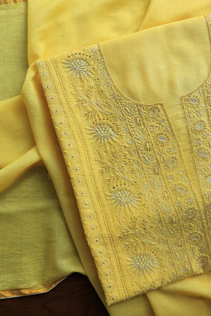 Dull Yellow Maheshwari Chikankari Unstitched Fabric
