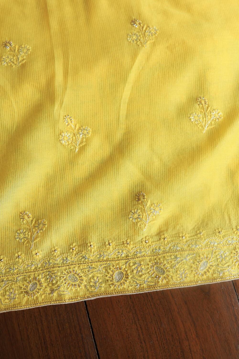 Dull Yellow Maheshwari Chikankari Unstitched Fabric