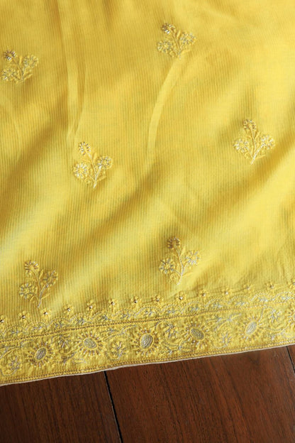 Dull Yellow Maheshwari Chikankari Unstitched Fabric