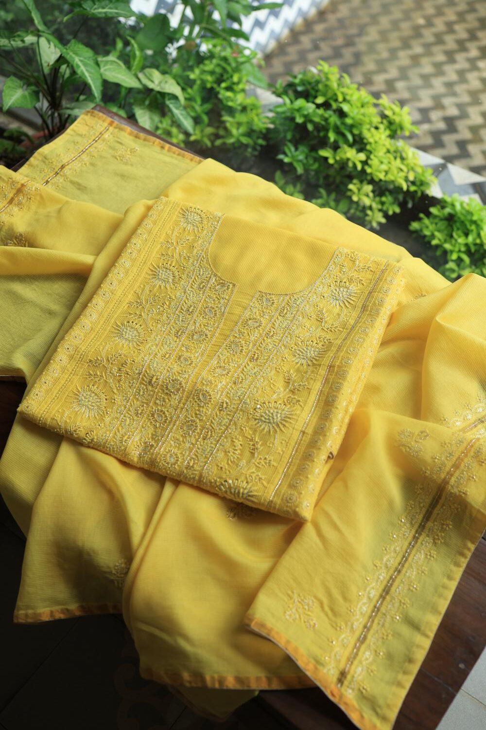 Dull Yellow Maheshwari Chikankari Unstitched Fabric