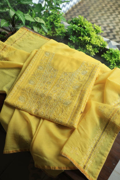 Dull Yellow Maheshwari Chikankari Unstitched Fabric