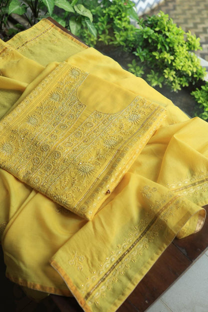 Dull Yellow Maheshwari Chikankari Unstitched Fabric