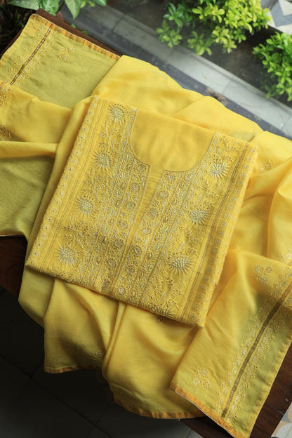 Dull Yellow Maheshwari Chikankari Unstitched Fabric