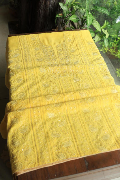 Dull Yellow Maheshwari Chikankari Unstitched Fabric