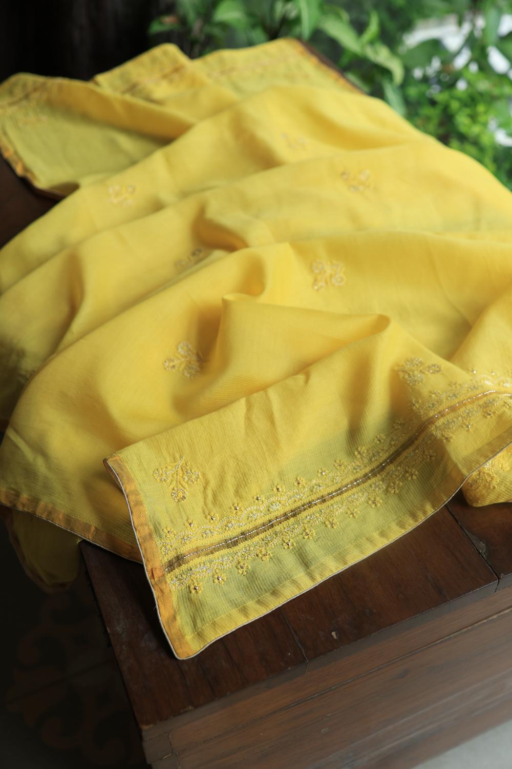Dull Yellow Maheshwari Chikankari Unstitched Fabric