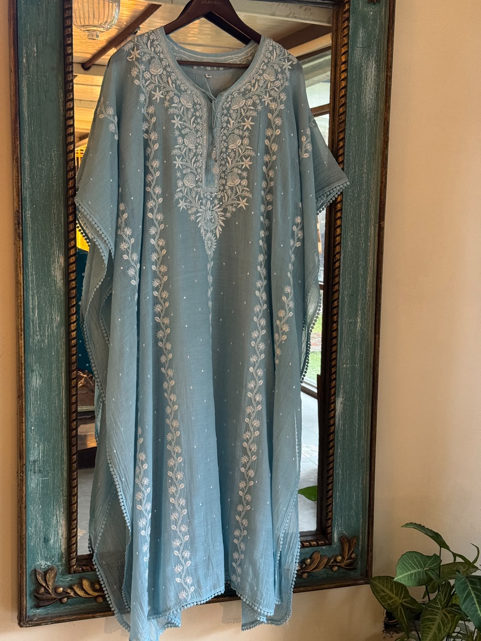 Dull Blue Malmal Sequinned Chikankari Kaftan