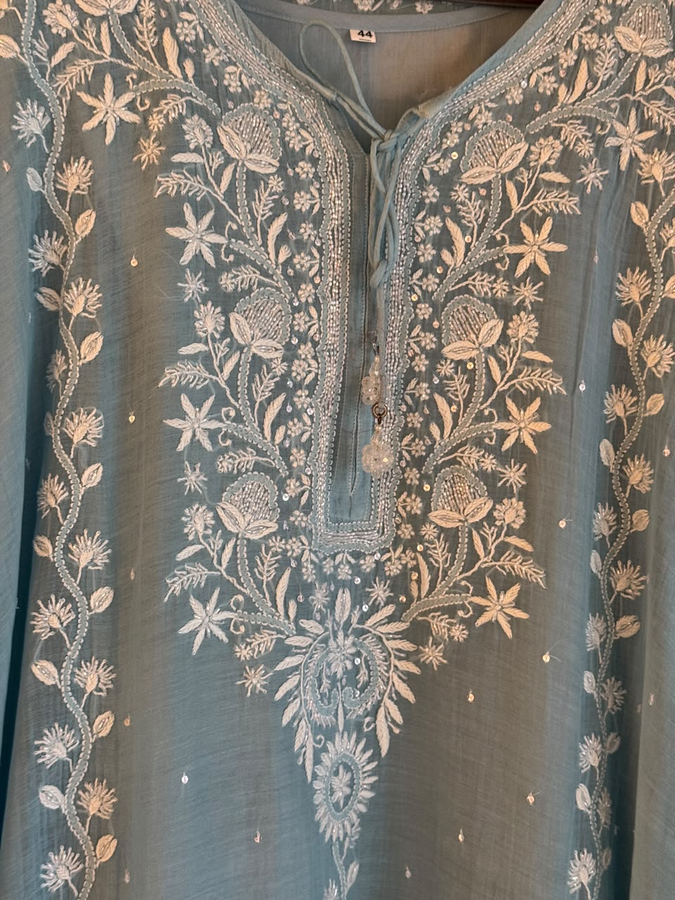 Dull Blue Malmal Sequinned Chikankari Kaftan
