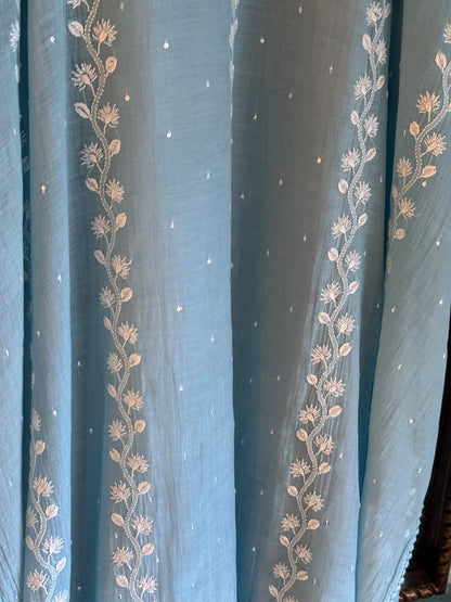 Dull Blue Malmal Sequinned Chikankari Kaftan