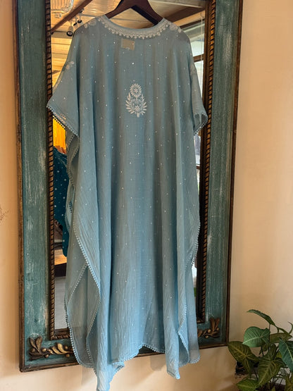 Dull Blue Malmal Sequinned Chikankari Kaftan