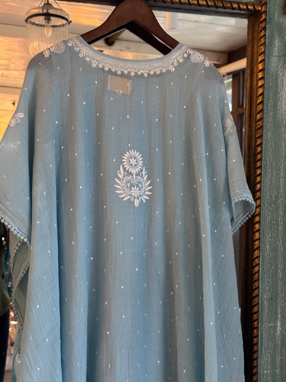 Dull Blue Malmal Sequinned Chikankari Kaftan