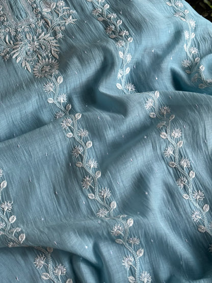 Dull Blue Malmal Sequinned Chikankari Kaftan