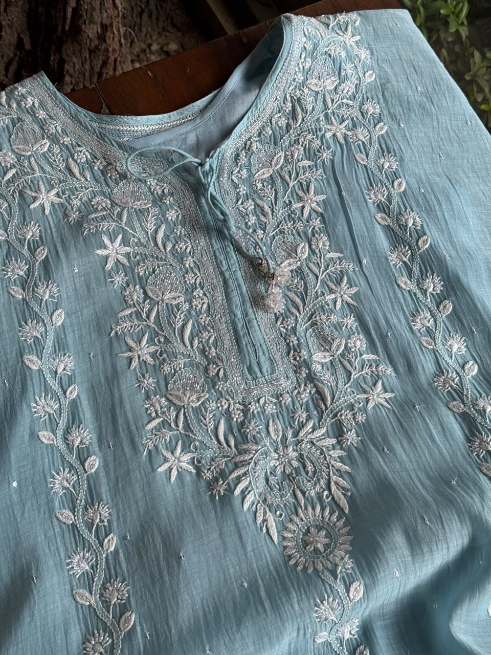 Dull Blue Malmal Sequinned Chikankari Kaftan
