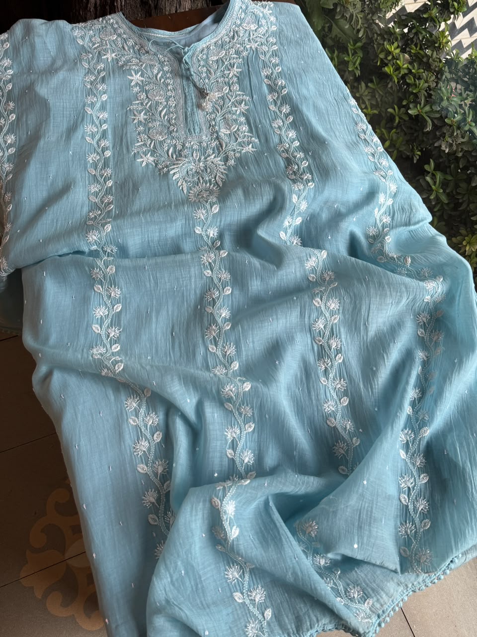 Dull Blue Malmal Sequinned Chikankari Kaftan