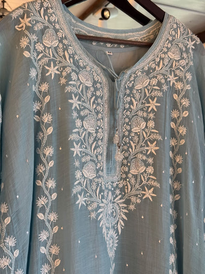 Dull Blue Malmal Sequinned Chikankari Kaftan