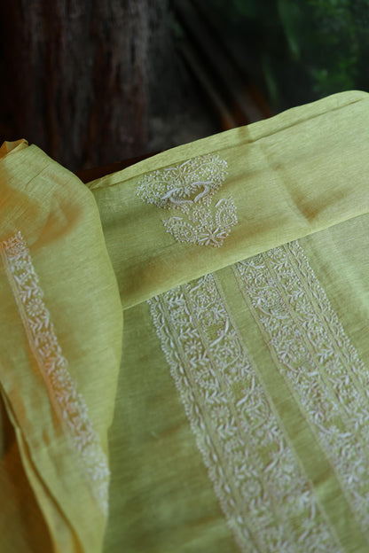 Dull Green Linen Chikankari Unstitched Men's Kurta Fabric
