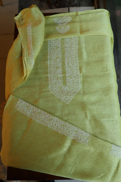 Dull Green Linen Chikankari Unstitched Men's Kurta Fabric