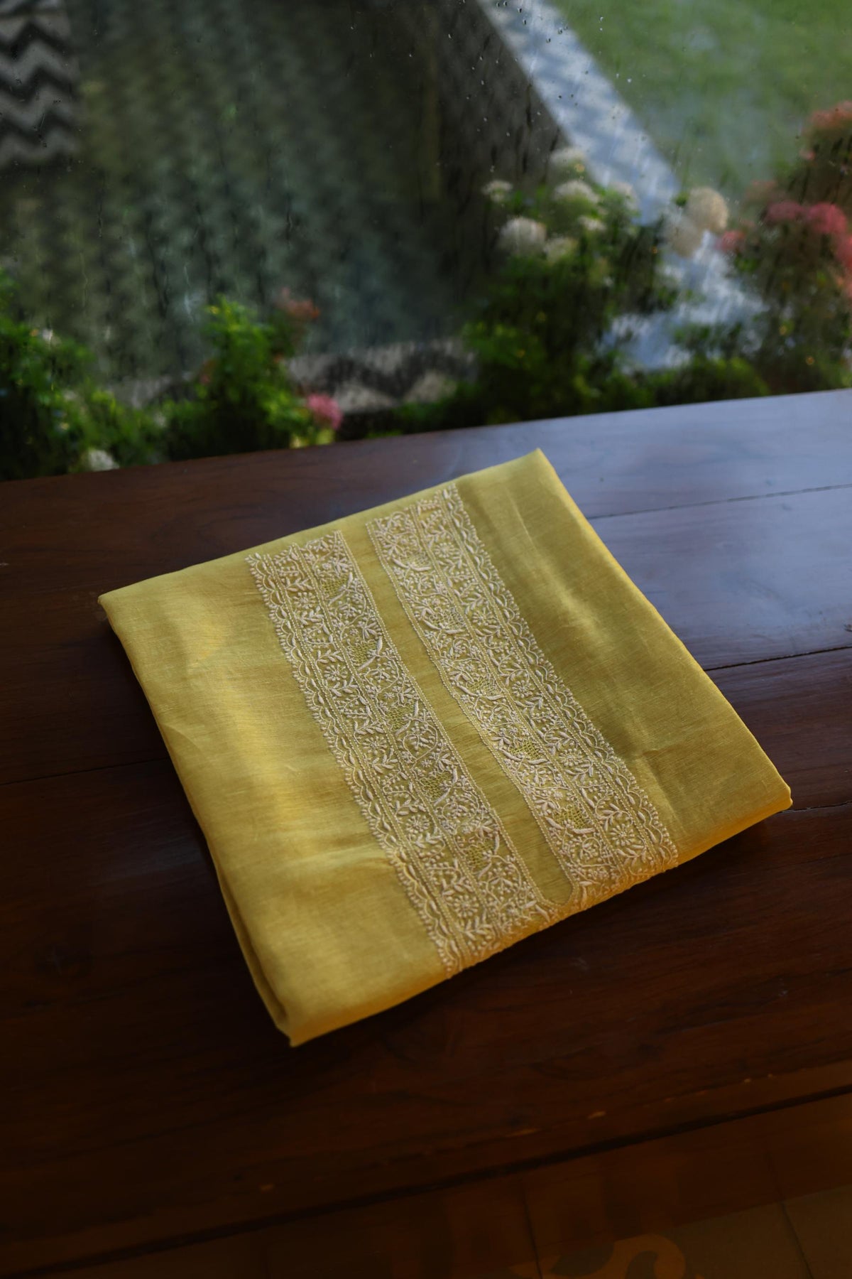 Dull Green Linen Chikankari Unstitched Men's Kurta Fabric
