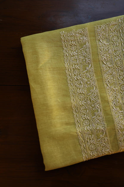 Dull Green Linen Chikankari Unstitched Men's Kurta Fabric