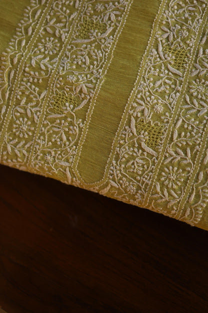 Dull Green Linen Chikankari Unstitched Men's Kurta Fabric