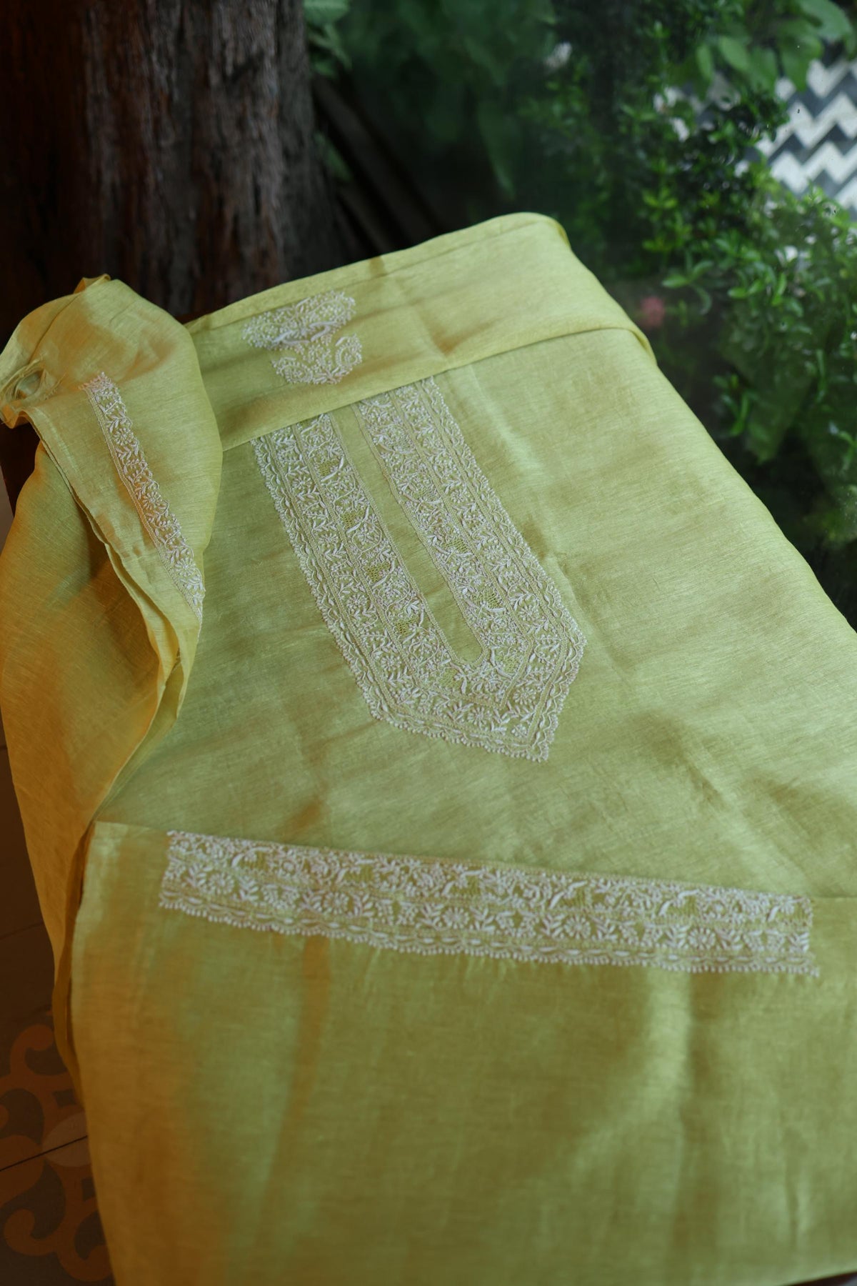Dull Green Linen Chikankari Unstitched Men's Kurta Fabric