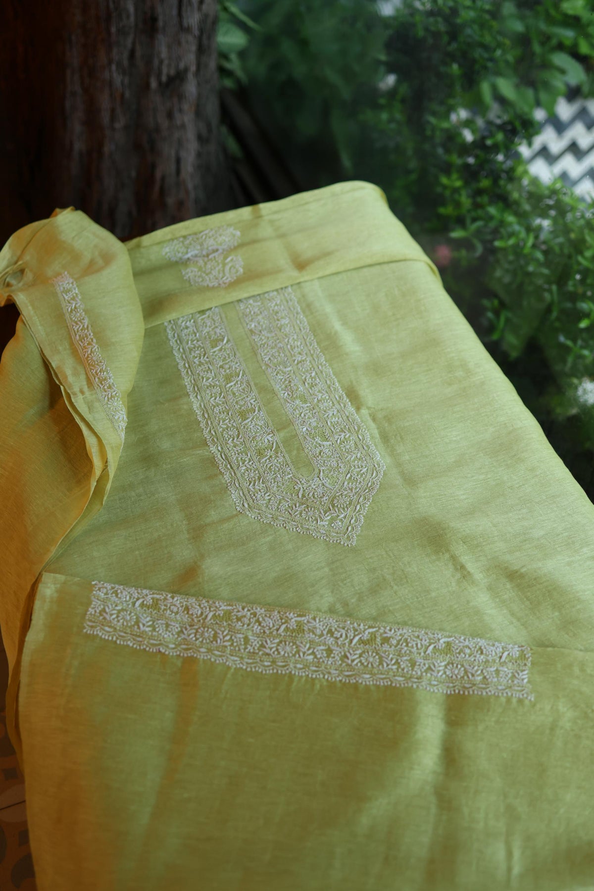 Dull Green Linen Chikankari Unstitched Men's Kurta Fabric