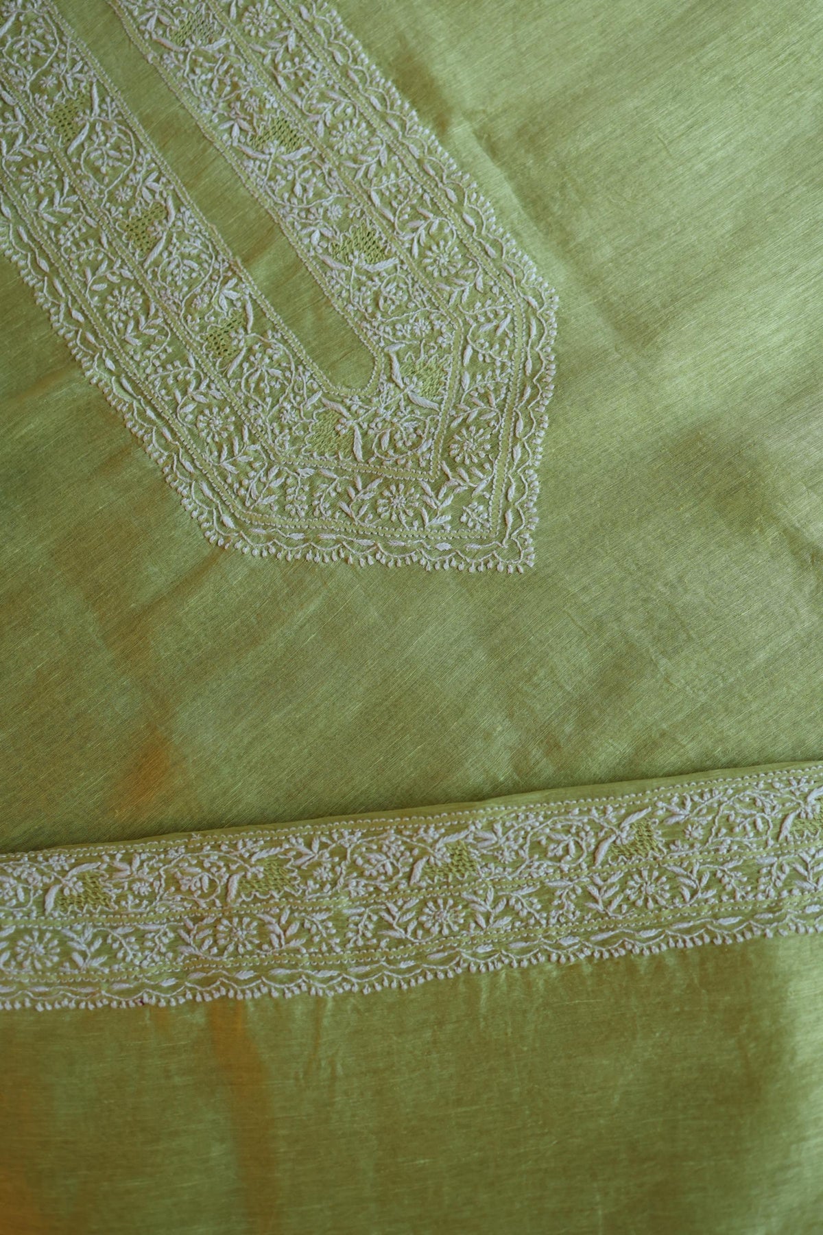 Dull Green Linen Chikankari Unstitched Men's Kurta Fabric
