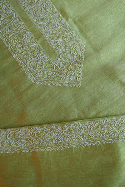 Dull Green Linen Chikankari Unstitched Men's Kurta Fabric