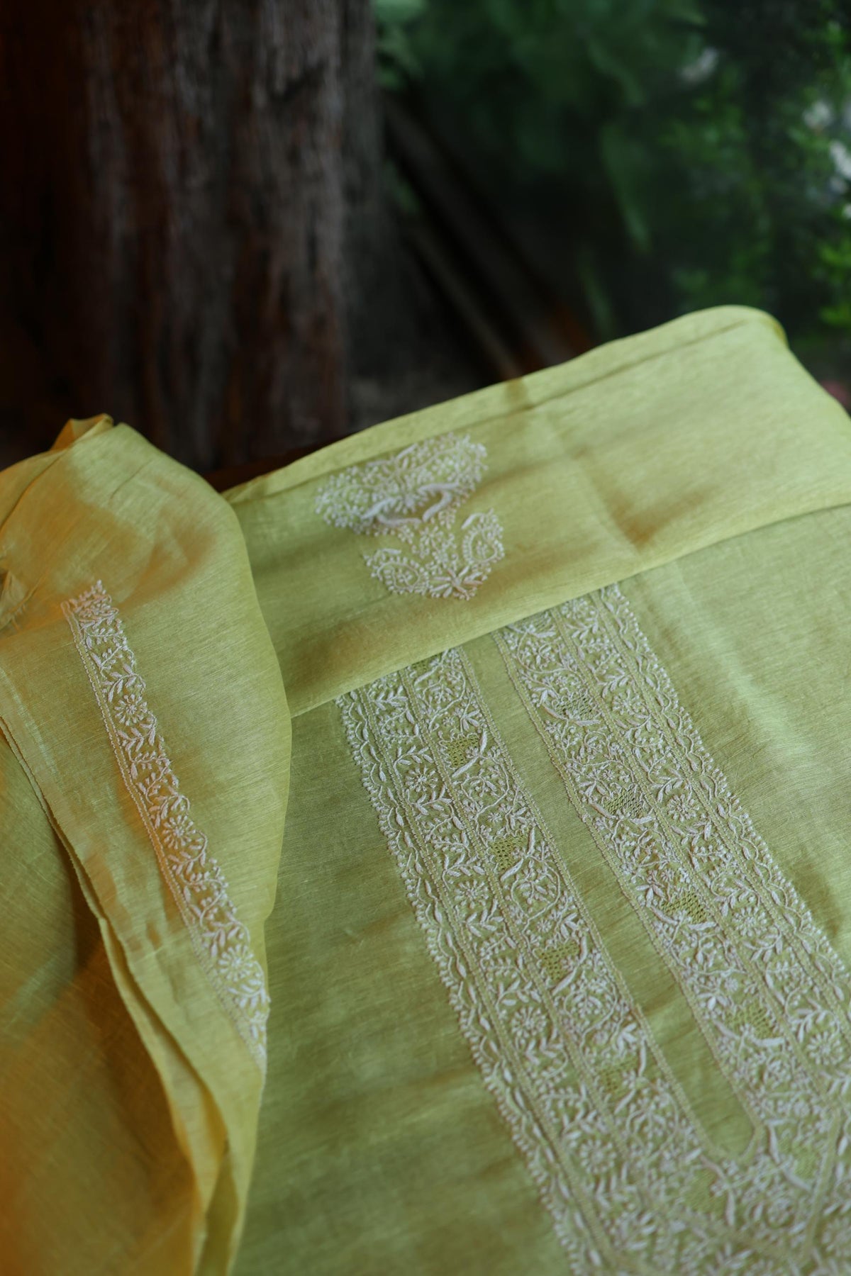 Dull Green Linen Chikankari Unstitched Men's Kurta Fabric