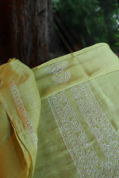 Dull Green Linen Chikankari Unstitched Men's Kurta Fabric