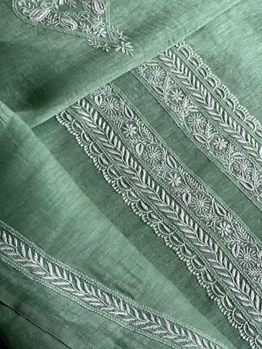 Dull Green Linen Chikankari Unstitched Men's Kurtas Fabric