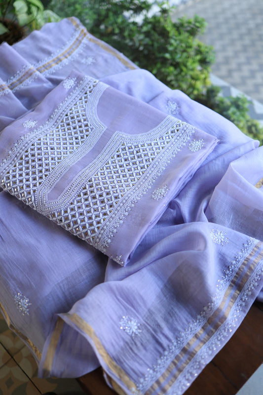 Dull Lavender Mal Cotton Fine Chikankari With Kamdani Work Unstitched Fabric
