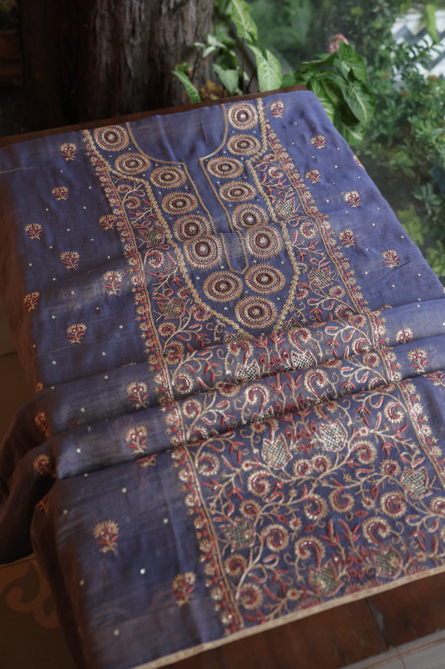 Dull Lavender Tissue Silk Chikankari Unstitched Fabric