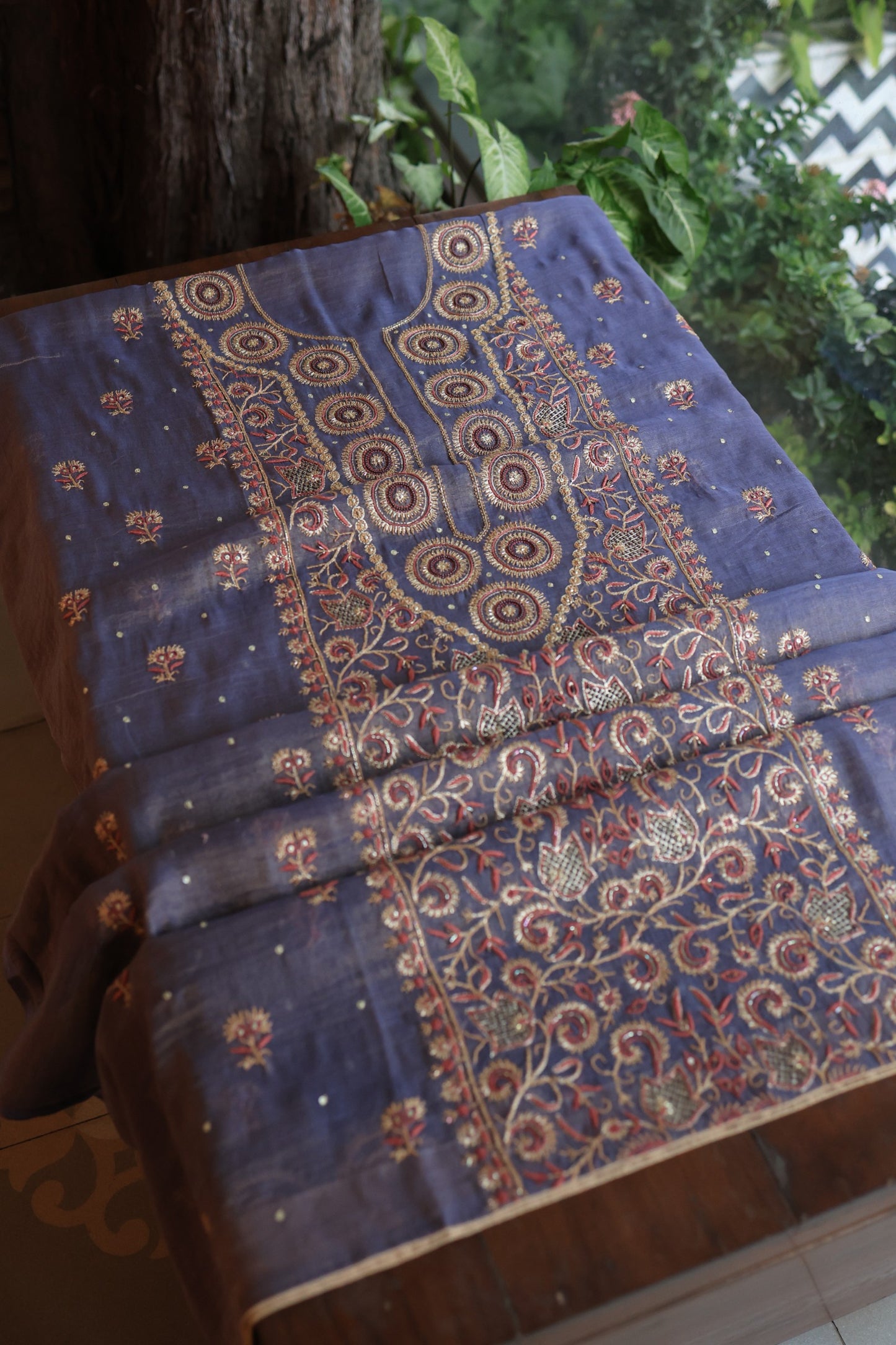 Dull Lavender Tissue Silk Chikankari Unstitched Fabric