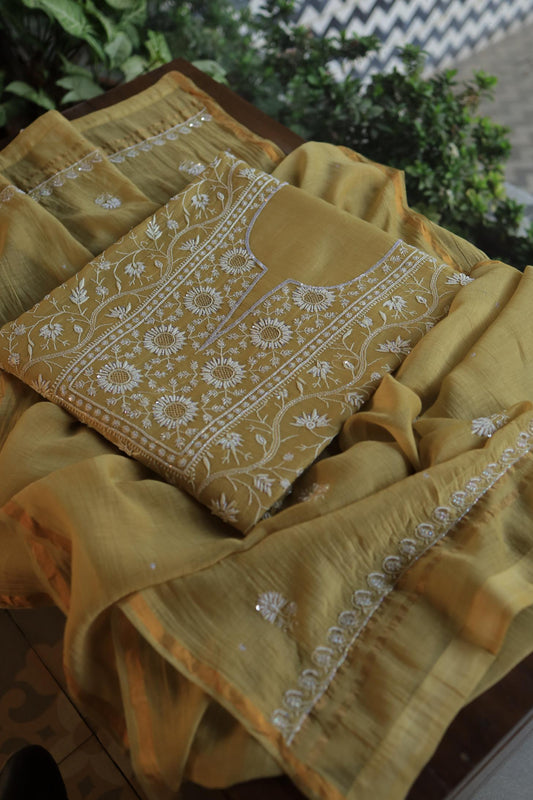 Dull Olive Shade Shade Mal Chanderi Silk Chikankari Unstitched Fabric