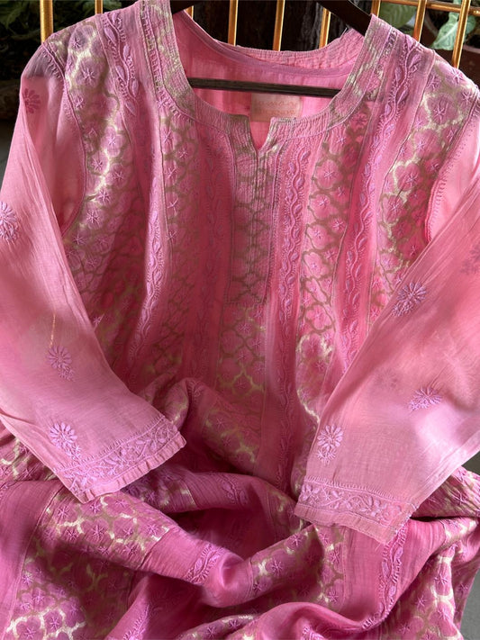 Dull Pink Shade Shade Zari Chanderi Chikankari Ready to Wear Tunics