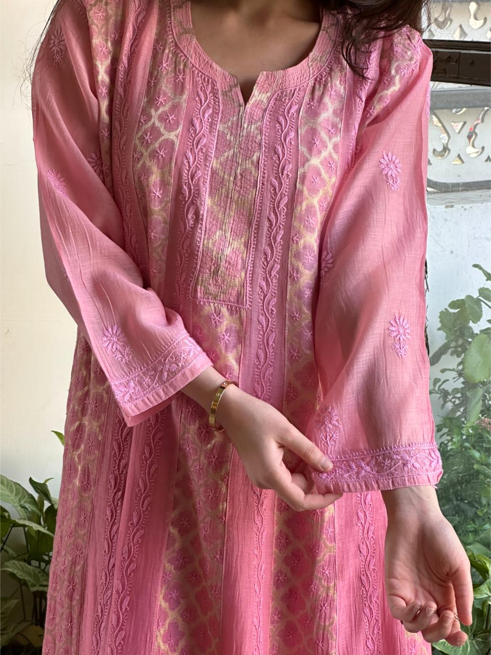 Dull Pink Shade Shade Zari Chanderi Chikankari Ready to Wear Tunics