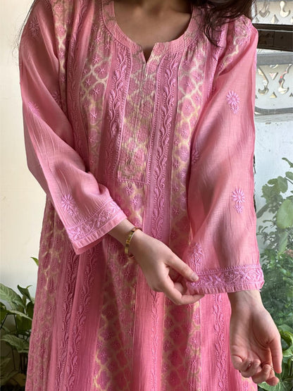 Dull Pink Shade Shade Zari Chanderi Chikankari Ready to Wear Tunics