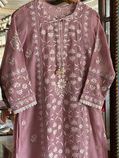 Dull Purple Mul Chanderi Mukaish Kamdani Chikankari Stitched Kurta Dupatta Set
