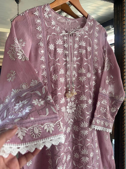 Dull Purple Mul Chanderi Mukaish Kamdani Chikankari Stitched Kurta Dupatta Set