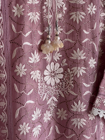 Dull Purple Mul Chanderi Mukaish Kamdani Chikankari Stitched Kurta Dupatta Set